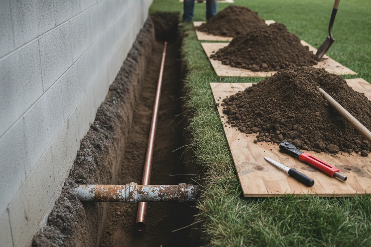 Excavated water line trench during Water Softener Installation in Sunset
